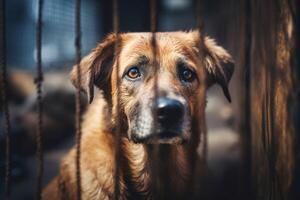 AI generated Stray homeless dog behind cage bars. Generate ai photo