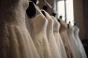 AI generated Elegant bridal dress on hangers celebration. Generate Ai photo