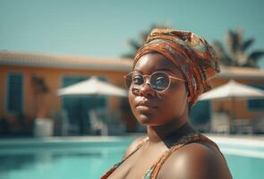 AI generated Chubby Nigerian girl with sunglasses at swimming pool. Generate ai photo