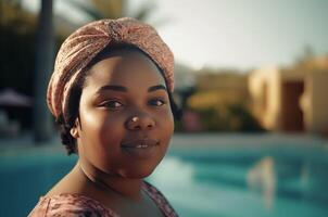 AI generated Chubby Nigerian girl at pool. Generate ai photo