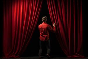 AI generated Theatrical Man open red curtains. Generate Ai photo