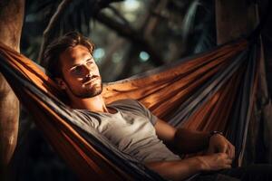 AI generated Relaxed Man resting hammock outdoor. Generate Ai photo