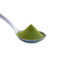 ai generado verde matcha polvo en un cuchara con té hojas aislado en transparente antecedentes png