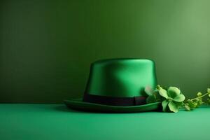 AI generated Green leprechaun hat with lucky plant. Generate ai photo