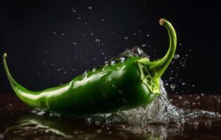 AI generated Green chili pepper refreshment water droplets. Generate ai photo