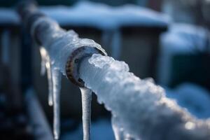 AI generated Frozen water pipe at morning sunlight. Generate Ai photo