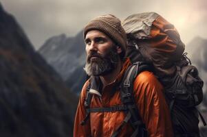 AI generated Determined Man hiker backpack. Generate Ai photo