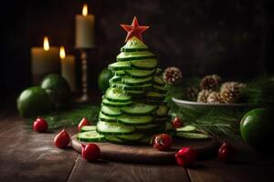 AI generated Christmas tree cucumber appetizer. Generate ai photo