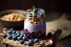 AI generated Blueberry yogurt granola breakfast. Generate ai photo