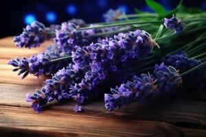 AI generated Therapeutic Lavender buds on board. Generate Ai photo