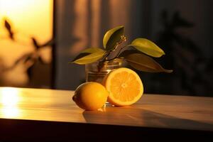 AI generated Yellow Fresh lemon on wood table. Generate Ai photo