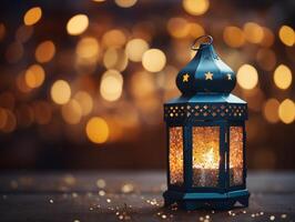 ai generado linterna con noche cielo y ciudad bokeh ligero antecedentes para el musulmán banquete de el santo mes de Ramadán kareem foto