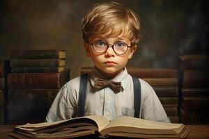 AI generated Determined Little student boy read. Generate Ai photo