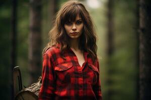 AI generated Lumberjack woman forest. Generate Ai photo