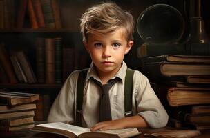 AI generated Young Little student boy read. Generate Ai photo