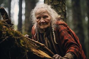 ai generado audaz leñador antiguo mujer bosque. generar ai foto