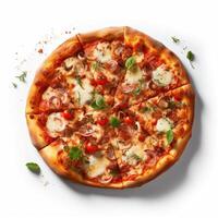 AI generated Top view of pizza isolated on white background. Photo for restaurant menu, advertising, delivery, banner