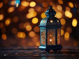 ai generado linterna con noche cielo y ciudad bokeh ligero antecedentes para el musulmán banquete de el santo mes de Ramadán kareem foto