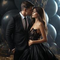 AI generated Beautiful couple with balloons. Couple celebrate valentines day surrounded by luxury balloons photo. Romantic celebration for Valentine's Day photo