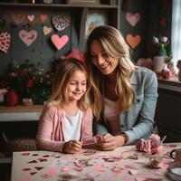 ai generado contento riendo madre y hija decorando para san valentin día foto