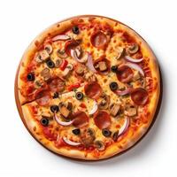 AI generated Top view of pizza isolated on white background. Photo for restaurant menu, advertising, delivery, banner