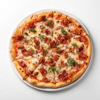 AI generated Top view of pizza isolated on white background. Photo for restaurant menu, advertising, delivery, banner