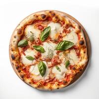 AI generated Top view of pizza isolated on white background. Photo for restaurant menu, advertising, delivery, banner