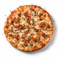 AI generated Top view of pizza isolated on white background. Photo for restaurant menu, advertising, delivery, banner