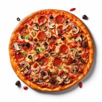 AI generated Top view of pizza isolated on white background. Photo for restaurant menu, advertising, delivery, banner