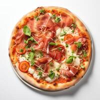 AI generated Top view of pizza isolated on white background. Photo for restaurant menu, advertising, delivery, banner