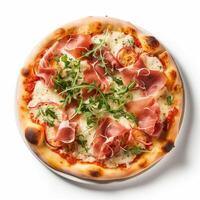 AI generated Top view of pizza isolated on white background. Photo for restaurant menu, advertising, delivery, banner
