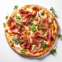 AI generated Top view of pizza isolated on white background. Photo for restaurant menu, advertising, delivery, banner