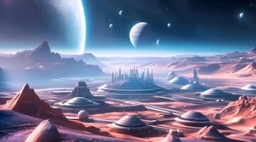 AI Generated  Space colony on a distant exoplanet, where humans have successfully established a self-sustaining community, blending advanced technology with the wonders of an alien landscape. video