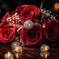 AI generated Bouquet of red roses with wedding ring. Engagement diamond ring, romantic proposal. Love concept photo