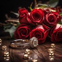 AI generated Bouquet of red roses with wedding ring. Engagement diamond ring, romantic proposal. Love concept photo