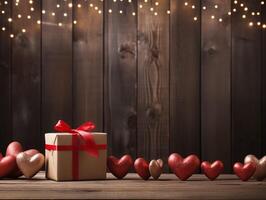 AI generated Valentine's day red hearts and gift boxes, banner with copyspace, love background concept, blank space, flat lay with space for text photo