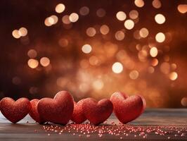 AI generated Beautiful abstract background with hearts, lights, sparkles and bokeh. Valentine's Day card. Heart shaped bokeh Valentines background photo