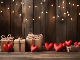 AI generated Valentine's day red hearts and gift boxes, banner with copyspace, love background concept, blank space, flat lay with space for text photo