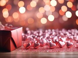 AI generated Valentine's day red hearts and gift boxes, banner with copyspace, love background concept, blank space, flat lay with space for text photo