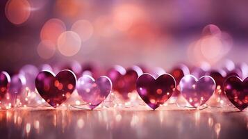 AI generated Beautiful abstract background with hearts, lights, sparkles and bokeh. Valentine's Day card. Heart shaped bokeh Valentines background photo