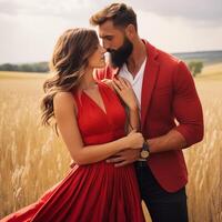 AI generated Romantic couple standing in a field of wheat. Young couple in love hugging on the field in sunlight photo