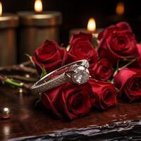 AI generated Bouquet of red roses with wedding ring. Engagement diamond ring, romantic proposal. Love concept photo