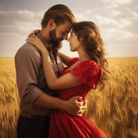 AI generated Romantic couple standing in a field of wheat. Young couple in love hugging on the field in sunlight photo