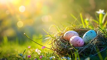 ai generado nido con Pascua de Resurrección huevos en césped en un soleado primavera día - Pascua de Resurrección decoración, bandera, panorama, antecedentes con Copiar espacio, contento Pascua de Resurrección día concepto antecedentes. foto