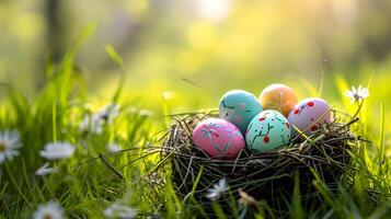 ai generado nido con Pascua de Resurrección huevos en césped en un soleado primavera día - Pascua de Resurrección decoración, bandera, panorama, antecedentes con Copiar espacio, contento Pascua de Resurrección día concepto antecedentes. foto