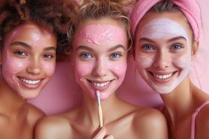 AI generated Three happy, positive, young, multiracial women with curly hair and perfect skin apply facial mask with cosmetic brush on pink background, studio shot photo