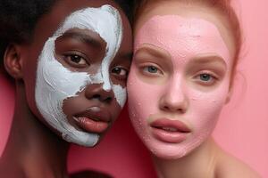 AI generated Beauty and natural woman friends with cream mask on face in studio on a pink background to promote skincare. Portrait of multiethnic, african and european female, cosmetics advertising photo