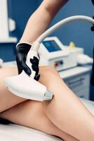 Close up of woman legs during procedure of laser hair removal in modern cosmetology clinic. Concept of women beauty, cosmetology, epilation photo