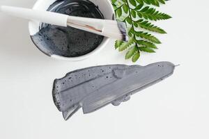 Preparing cosmetic mud mask. Natural wet clay mask with green fern on a white background. Bowl with activated carbon powder, smear texture of clay mud face mask. Spa and skin care concept. photo