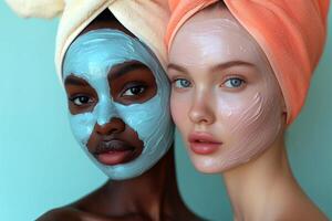 ai generado belleza y natural mujer amigos con crema máscara en cara en estudio en un rosado antecedentes a promover protección de la piel. retrato de multiétnico, africano y europeo femenino, productos cosméticos publicidad foto